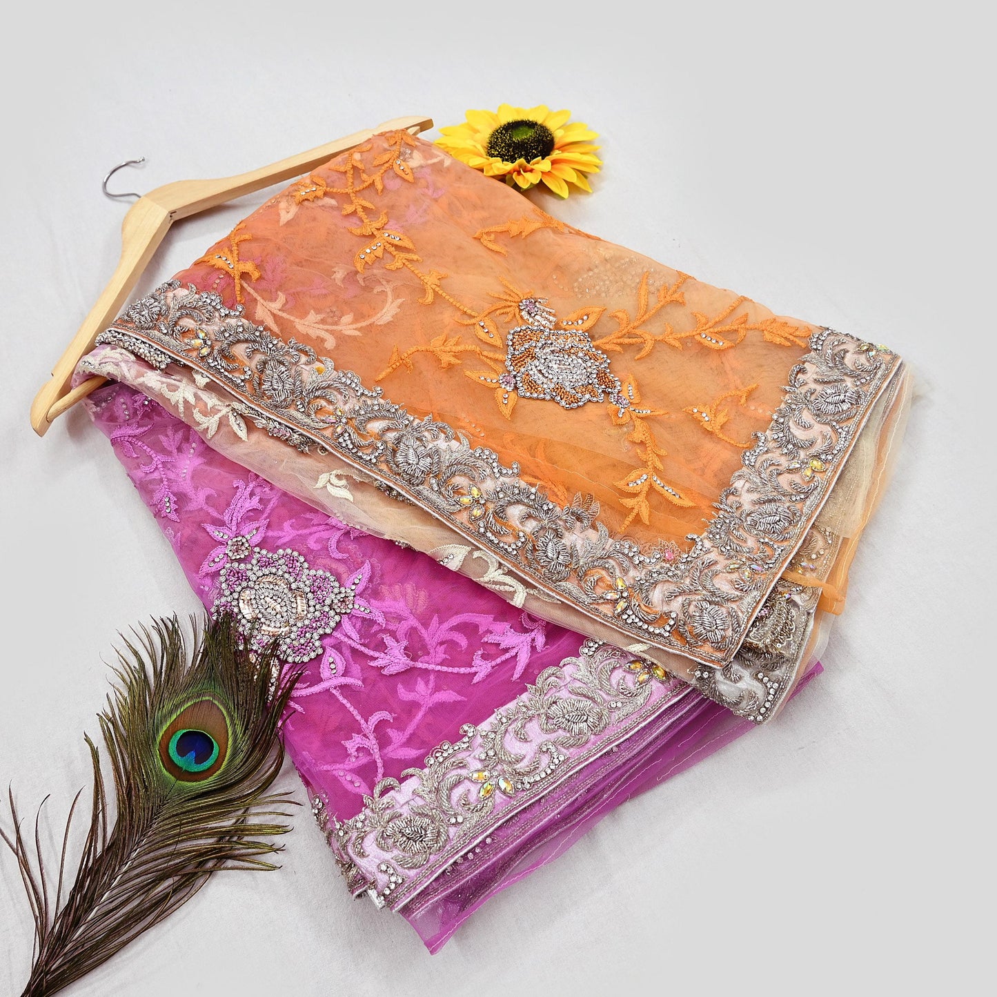 Indian Pre-owned Sari Multi Net/Mesh Hand Embroidered Anamika Khanna Designer Sarees Ethnic 5Yd Sewing  Zardozi/Dabka Zari Wedding Sarees