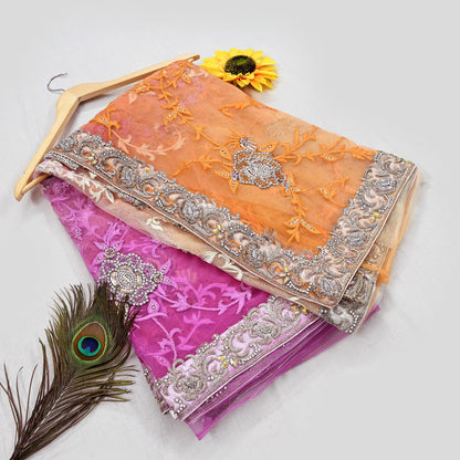 Indian Pre-owned Sari Multi Net/Mesh Hand Embroidered Anamika Khanna Designer Sarees Ethnic 5Yd Sewing  Zardozi/Dabka Zari Wedding Sarees