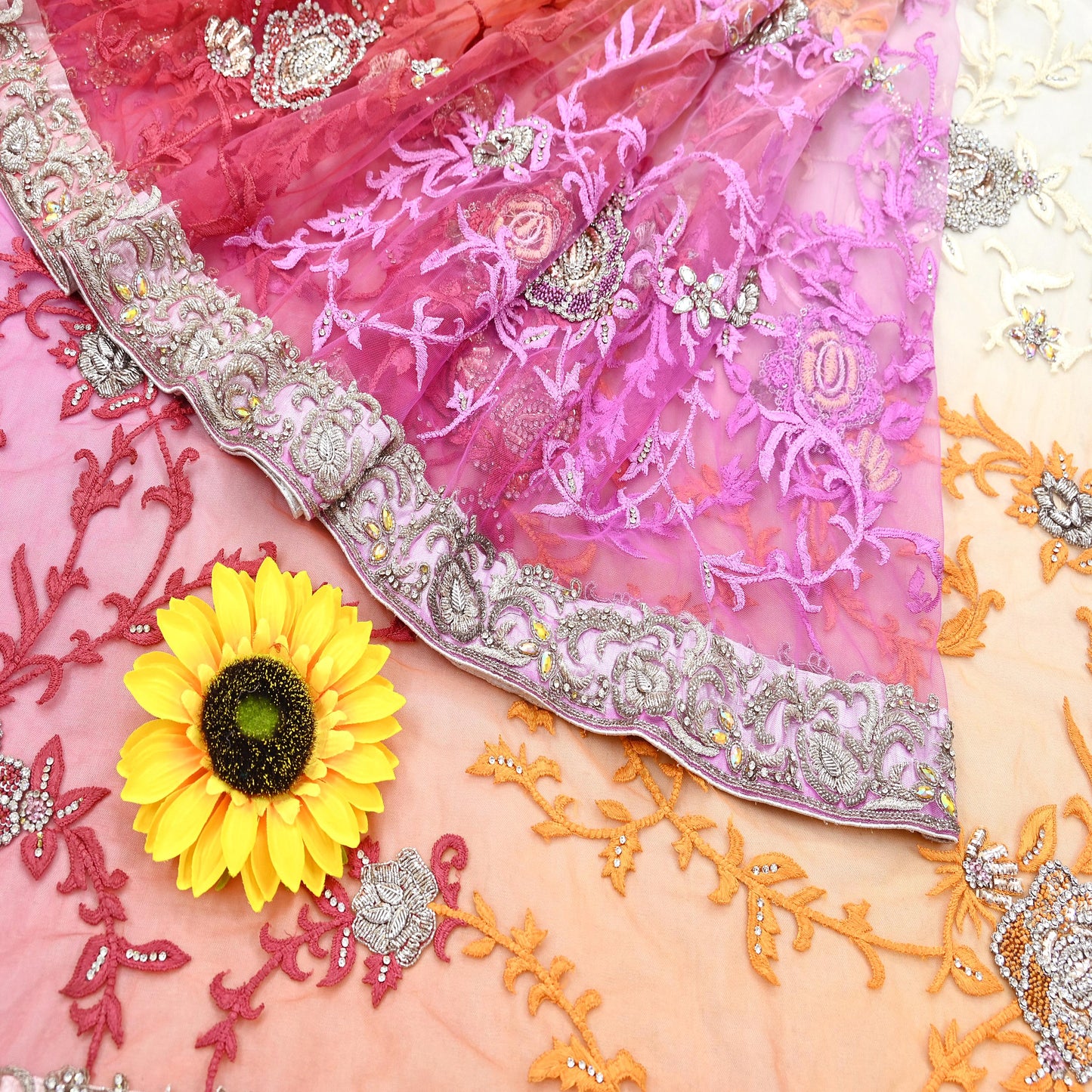 Indian Pre-owned Sari Multi Net/Mesh Hand Embroidered Anamika Khanna Designer Sarees Ethnic 5Yd Sewing  Zardozi/Dabka Zari Wedding Sarees