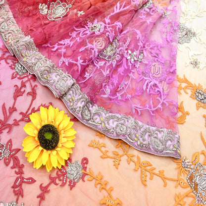 Indian Pre-owned Sari Multi Net/Mesh Hand Embroidered Anamika Khanna Designer Sarees Ethnic 5Yd Sewing  Zardozi/Dabka Zari Wedding Sarees