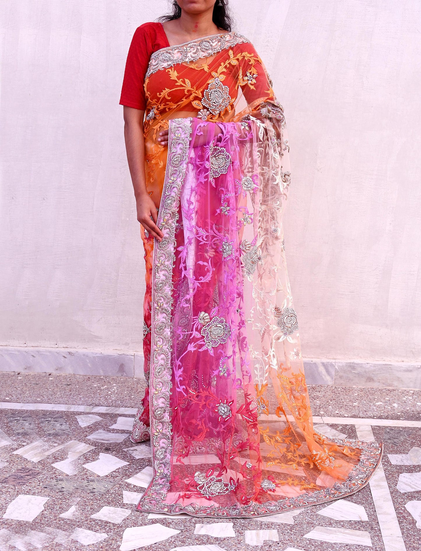 Indian Pre-owned Sari Multi Net/Mesh Hand Embroidered Anamika Khanna Designer Sarees Ethnic 5Yd Sewing  Zardozi/Dabka Zari Wedding Sarees