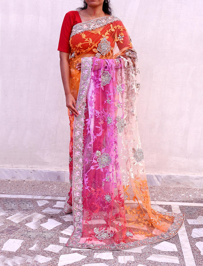 Indian Pre-owned Sari Multi Net/Mesh Hand Embroidered Anamika Khanna Designer Sarees Ethnic 5Yd Sewing  Zardozi/Dabka Zari Wedding Sarees