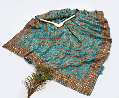 Indian Pre-owned Sari Green Pure Georgette Silk Hand Embroidered Anamika Khanna Designer Sarees Ethnic 6Yd Sewing  Zardozi Wedding Sarees