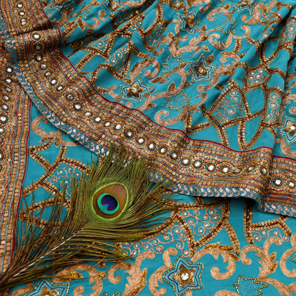 Indian Pre-owned Sari Green Pure Georgette Silk Hand Embroidered Anamika Khanna Designer Sarees Ethnic 6Yd Sewing  Zardozi Wedding Sarees