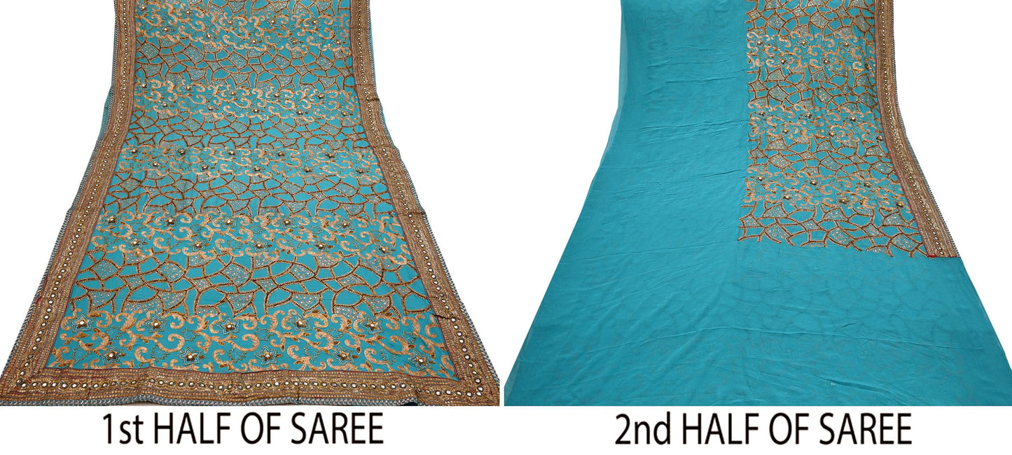 Indian Pre-owned Sari Green Pure Georgette Silk Hand Embroidered Anamika Khanna Designer Sarees Ethnic 6Yd Sewing  Zardozi Wedding Sarees
