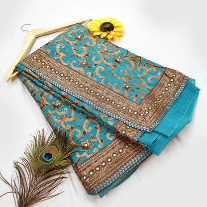 Indian Pre-owned Sari Green Pure Georgette Silk Hand Embroidered Anamika Khanna Designer Sarees Ethnic 6Yd Sewing  Zardozi Wedding Sarees