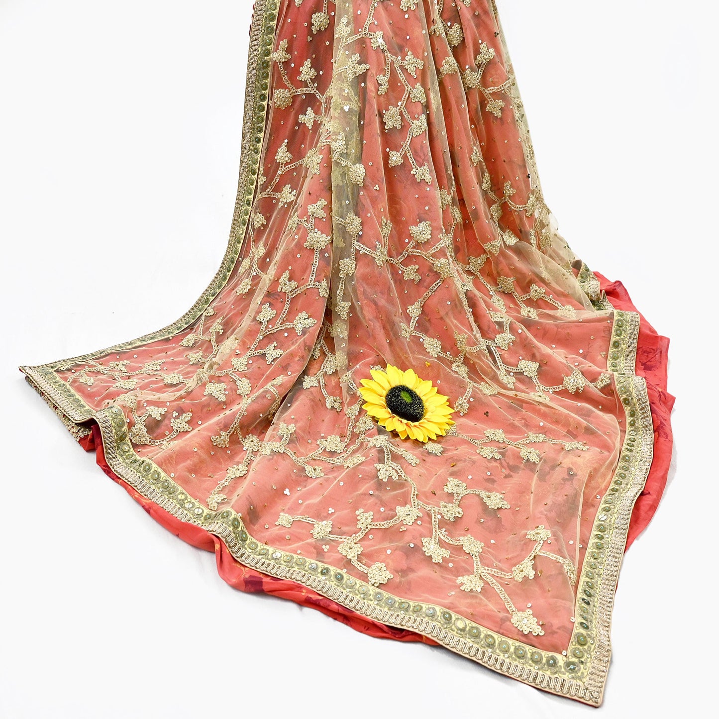 Indian Pre-owned Saree Beige & Red Pure Silk, Net Hand Embroidered Sabyasachi Designer Sari 6Yd Soft Ethnic Bollywood Party saree