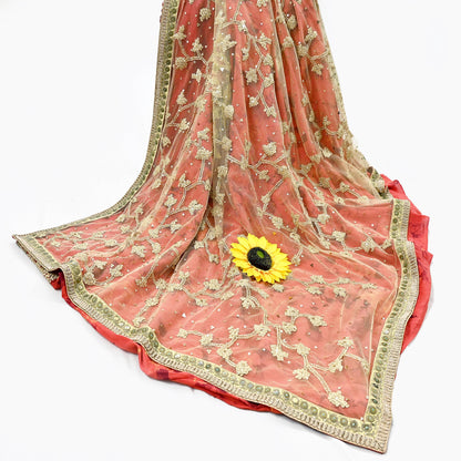 Indian Pre-owned Saree Beige & Red Pure Silk, Net Hand Embroidered Sabyasachi Designer Sari 6Yd Soft Ethnic Bollywood Party saree