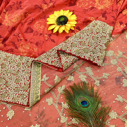 Indian Pre-owned Saree Beige & Red Pure Silk, Net Hand Embroidered Sabyasachi Designer Sari 6Yd Soft Ethnic Bollywood Party saree