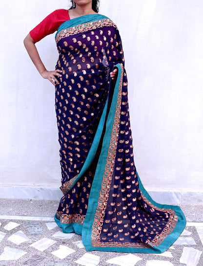 Indian Heavy Sari Blue Pure Georgette Silk Hand Embroidered Sarees Designer Sabyasachi 6Yd Sewing Ethnic Bollywood party wear saree Dabka