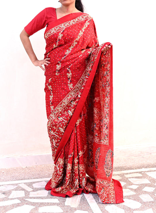 Indian Pre-Owned Sari Bridal Red Pure Gajji silk Hand Embroidered Gharchola Sarees Ethnic Zardozi/Dabka Zari Bandhej Wedding Saree Peacock