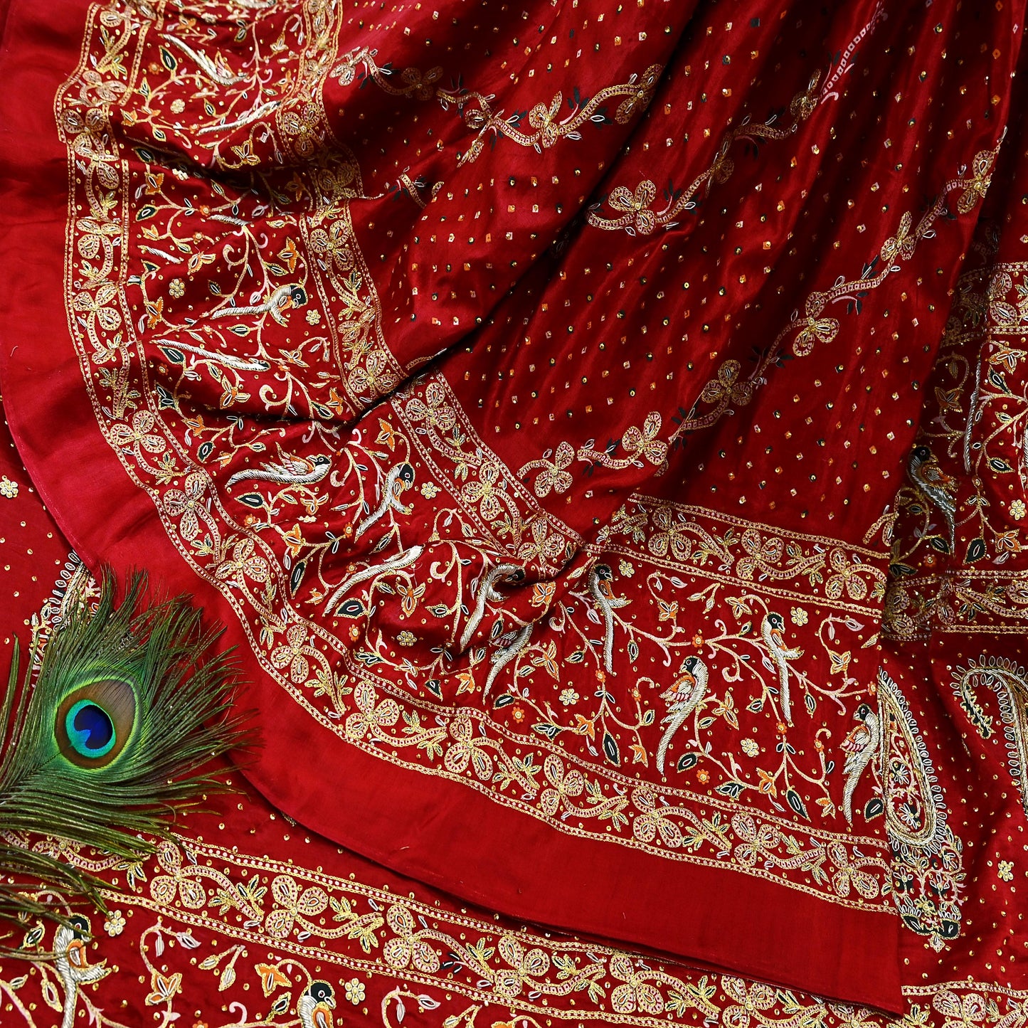 Indian Pre-Owned Sari Bridal Red Pure Gajji silk Hand Embroidered Gharchola Sarees Ethnic Zardozi/Dabka Zari Bandhej Wedding Saree Peacock