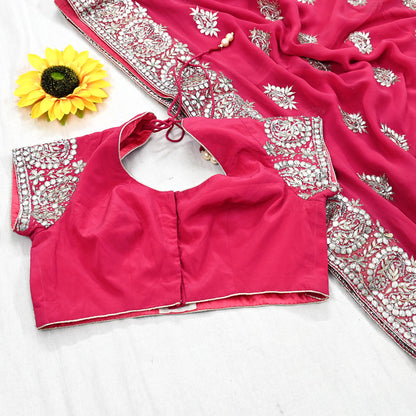 Indian Pre-owned Heavy Sari Pink Pure Georgette Silk Hand Embroidered Sarees Designer Abu Jani 5Yd Sewing Ethnic Sarees