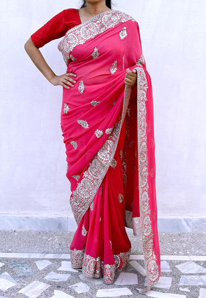 Indian Pre-owned Heavy Sari Pink Pure Georgette Silk Hand Embroidered Sarees Designer Abu Jani 5Yd Sewing Ethnic Sarees