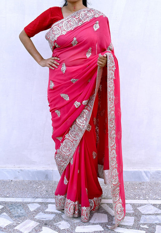 Indian Pre-owned Heavy Sari Pink Pure Georgette Silk Hand Embroidered Sarees Designer Abu Jani 5Yd Sewing Ethnic Sarees