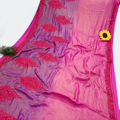 Indian Vintage Heavy Sari Pink & Purple Pure Georgette Silk Hand Embroidered Parsi Gara Sarees Craft Fabric 5Yd Sewing Dress making Crafting
