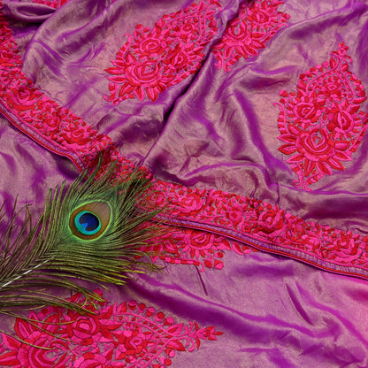 Indian Vintage Heavy Sari Pink & Purple Pure Georgette Silk Hand Embroidered Parsi Gara Sarees Craft Fabric 5Yd Sewing Dress making Crafting