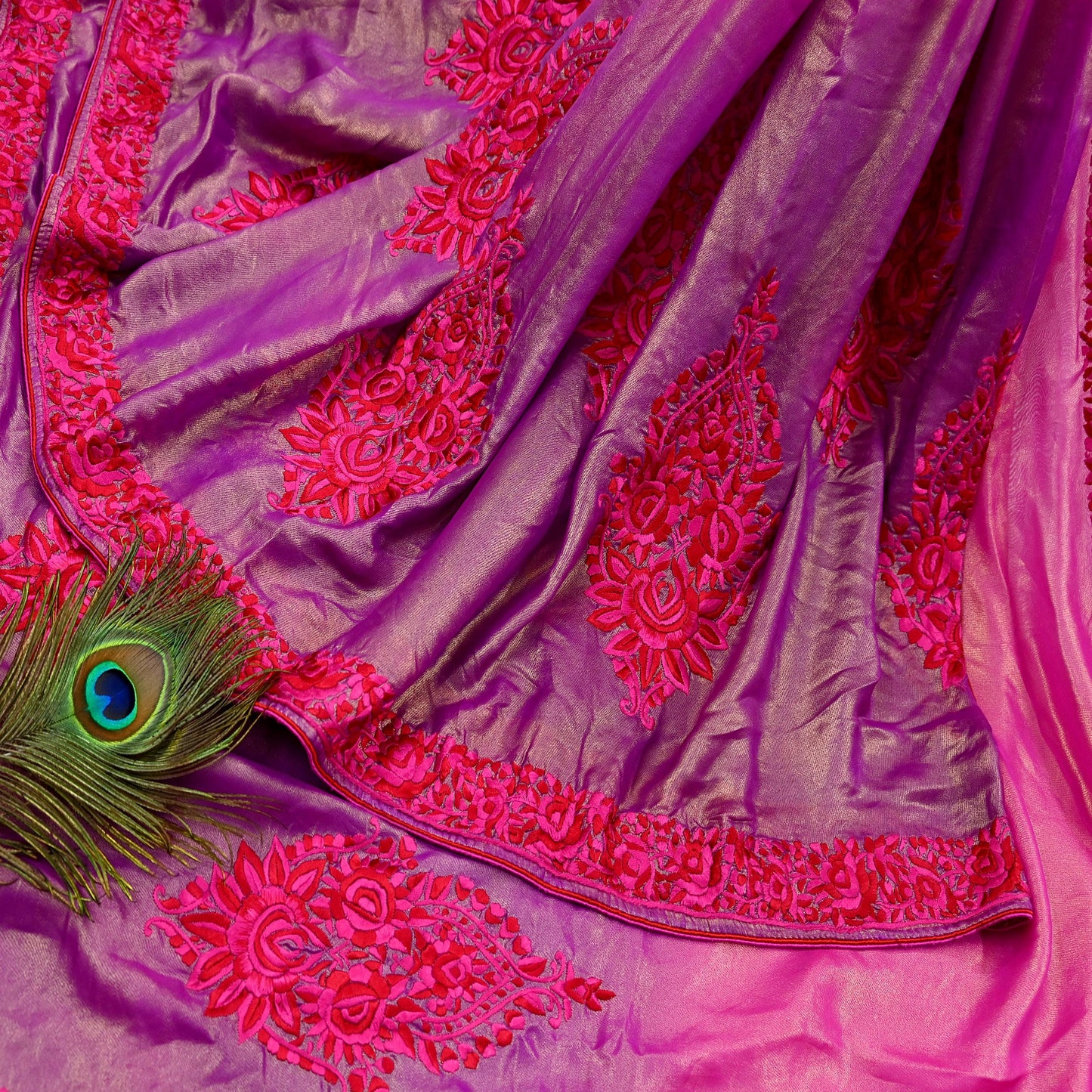 Indian Vintage Heavy Sari Pink & Purple Pure Georgette Silk Hand Embroidered Parsi Gara Sarees Craft Fabric 5Yd Sewing Dress making Crafting