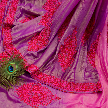 Indian Vintage Heavy Sari Pink & Purple Pure Georgette Silk Hand Embroidered Parsi Gara Sarees Craft Fabric 5Yd Sewing Dress making Crafting