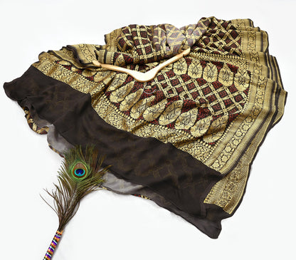 Indian Pre-Owned Sari Gray & Green Pure Georgette silk Hand Woven Bandhani Sarees Ethnic Zardozi/Dabka Zari Wedding Saree