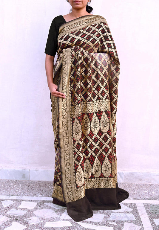 Indian Pre-Owned Sari Gray & Green Pure Georgette silk Hand Woven Bandhani Sarees Ethnic Zardozi/Dabka Zari Wedding Saree