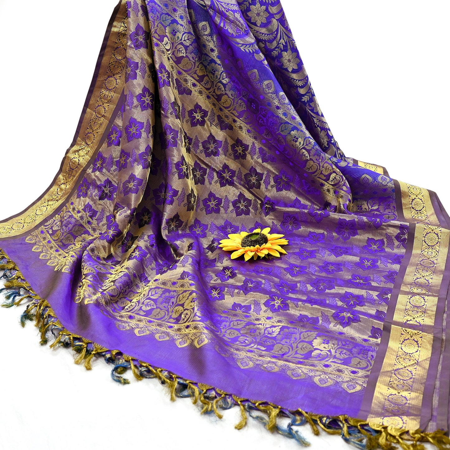 Indian Vintage Heavy Purple & Blue Saree 100% Pure Silk Hand Woven Kanjeevaram Sari 5yd Ethnic Zari Premium Wedding Saree with blouse