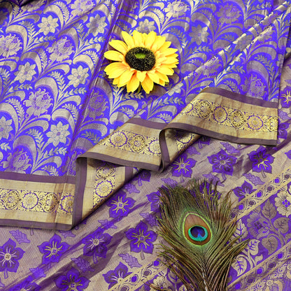 Indian Vintage Heavy Purple & Blue Saree 100% Pure Silk Hand Woven Kanjeevaram Sari 5yd Ethnic Zari Premium Wedding Saree with blouse