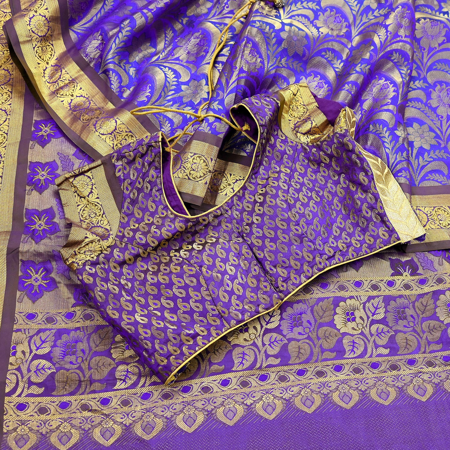 Indian Vintage Heavy Purple & Blue Saree 100% Pure Silk Hand Woven Kanjeevaram Sari 5yd Ethnic Zari Premium Wedding Saree with blouse