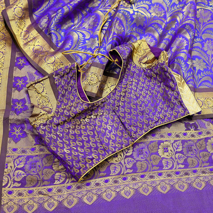 Indian Vintage Heavy Purple & Blue Saree 100% Pure Silk Hand Woven Kanjeevaram Sari 5yd Ethnic Zari Premium Wedding Saree with blouse