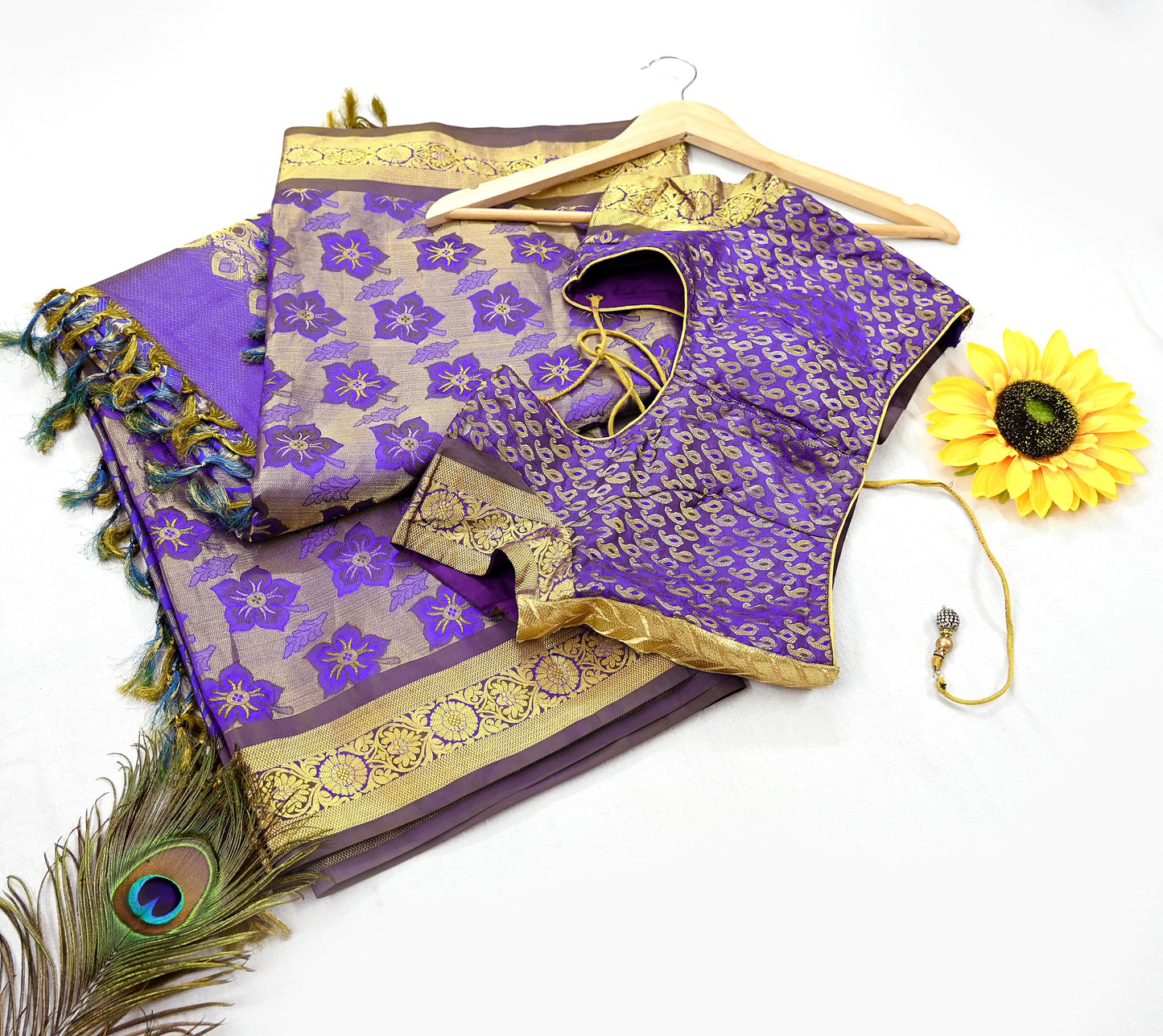 Indian Vintage Heavy Purple & Blue Saree 100% Pure Silk Hand Woven Kanjeevaram Sari 5yd Ethnic Zari Premium Wedding Saree with blouse