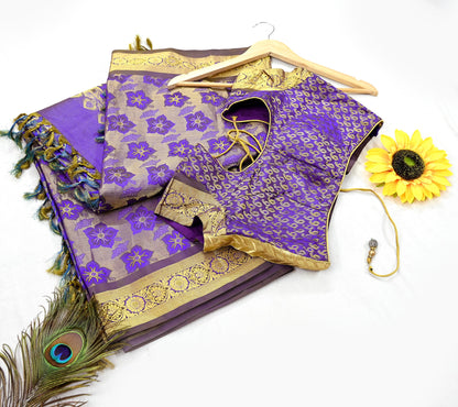 Indian Vintage Heavy Purple & Blue Saree 100% Pure Silk Hand Woven Kanjeevaram Sari 5yd Ethnic Zari Premium Wedding Saree with blouse