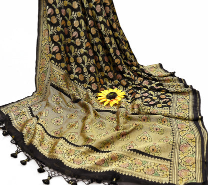 Antique Vintage Black Saree Pure Georgette Silk Hand Woven Banarasi Sari Craft Fabric 5Yd Sewing Soft Ethnic Zari Dress Making