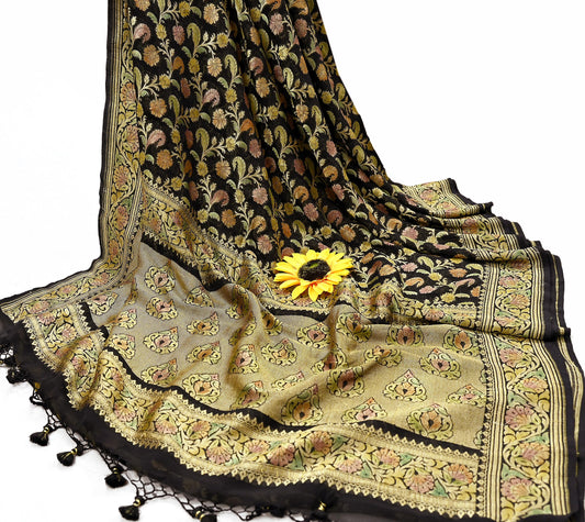 Antique Vintage Black Saree Pure Georgette Silk Hand Woven Banarasi Sari Craft Fabric 5Yd Sewing Soft Ethnic Zari Dress Making