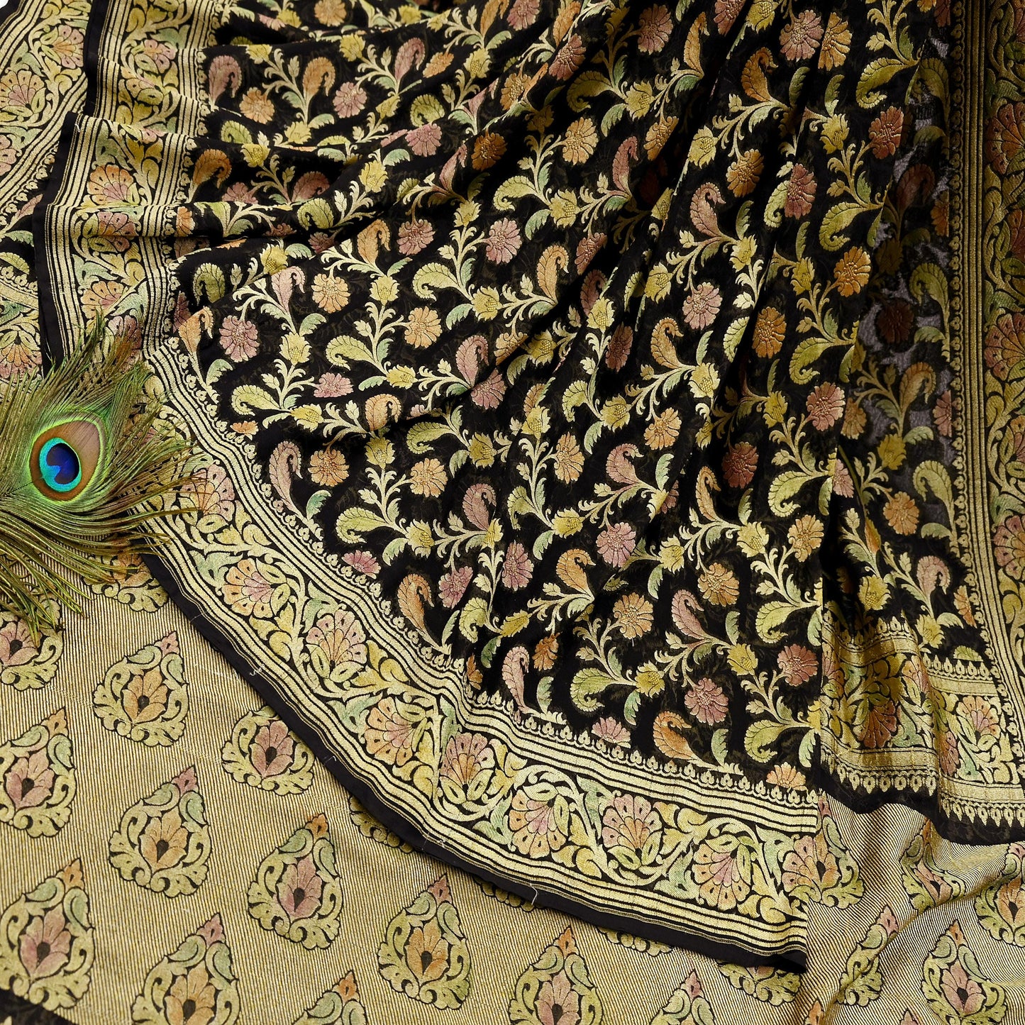 Antique Vintage Black Saree Pure Georgette Silk Hand Woven Banarasi Sari Craft Fabric 5Yd Sewing Soft Ethnic Zari Dress Making