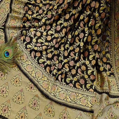 Antique Vintage Black Saree Pure Georgette Silk Hand Woven Banarasi Sari Craft Fabric 5Yd Sewing Soft Ethnic Zari Dress Making