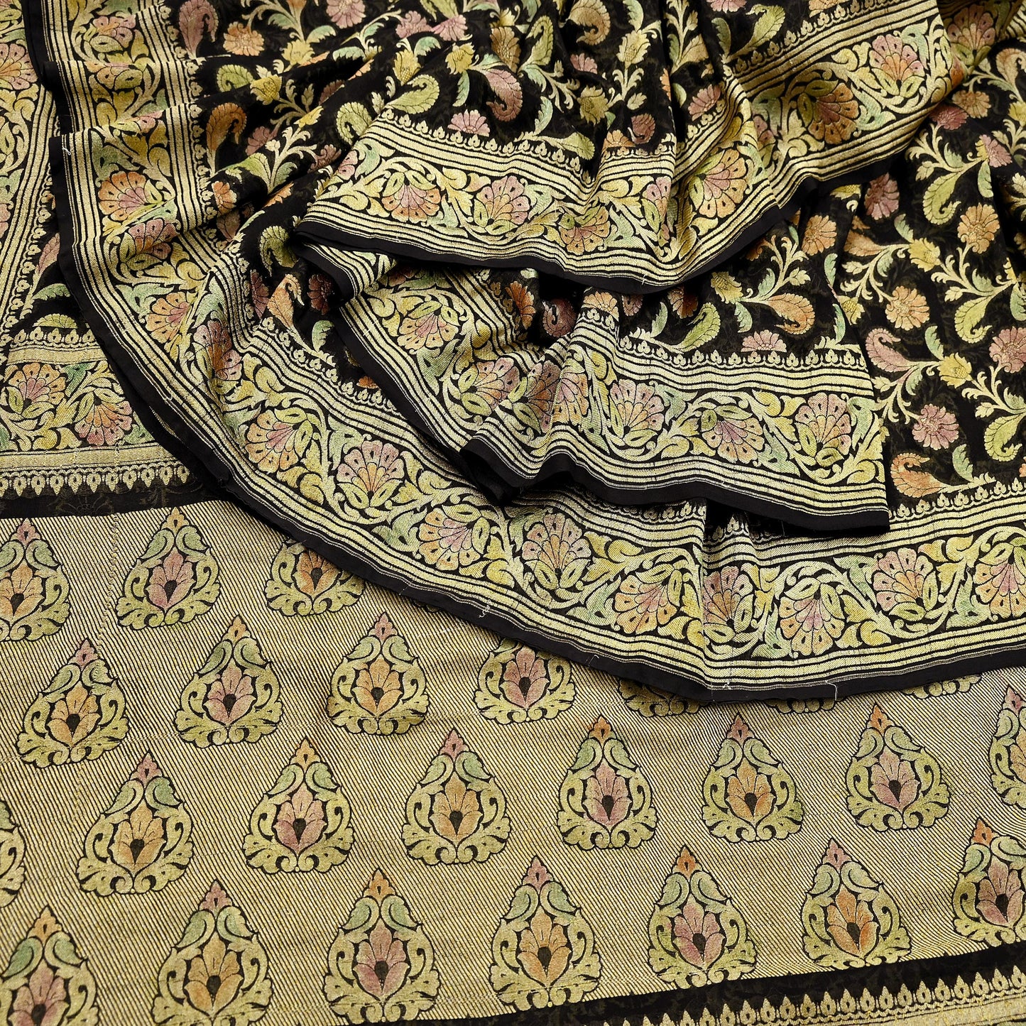 Antique Vintage Black Saree Pure Georgette Silk Hand Woven Banarasi Sari Craft Fabric 5Yd Sewing Soft Ethnic Zari Dress Making