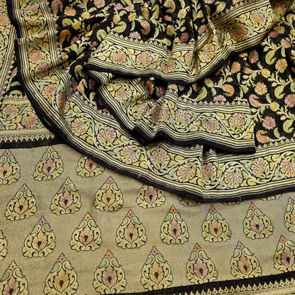 Antique Vintage Black Saree Pure Georgette Silk Hand Woven Banarasi Sari Craft Fabric 5Yd Sewing Soft Ethnic Zari Dress Making