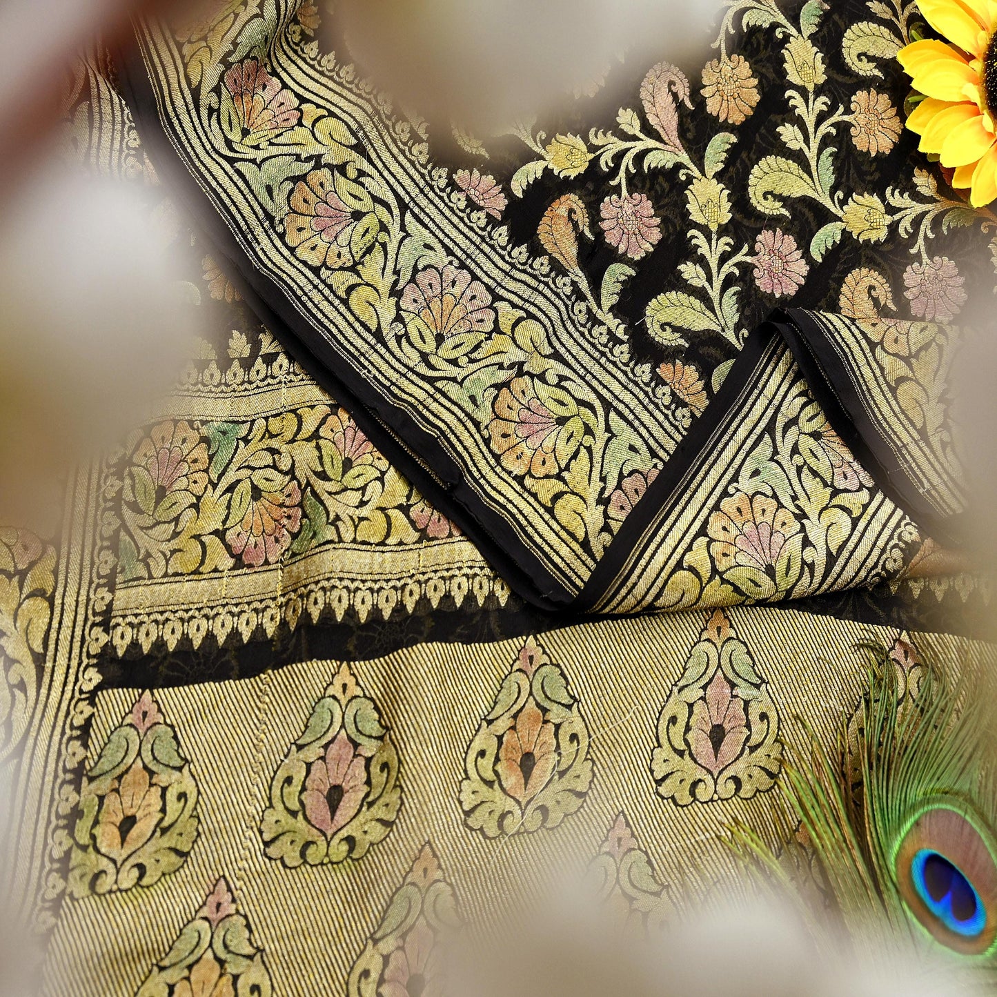 Antique Vintage Black Saree Pure Georgette Silk Hand Woven Banarasi Sari Craft Fabric 5Yd Sewing Soft Ethnic Zari Dress Making