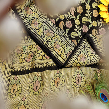 Antique Vintage Black Saree Pure Georgette Silk Hand Woven Banarasi Sari Craft Fabric 5Yd Sewing Soft Ethnic Zari Dress Making