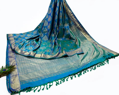 Indian Vintage Heavy Blue & Green Saree 100% Pure Silk Hand Woven Kanjeevaram Sari 5yd Ethnic Zari Premium Wedding Saree Fringes