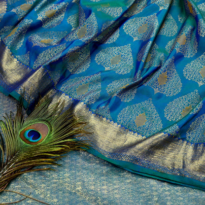 Indian Vintage Heavy Blue & Green Saree 100% Pure Silk Hand Woven Kanjeevaram Sari 5yd Ethnic Zari Premium Wedding Saree Fringes