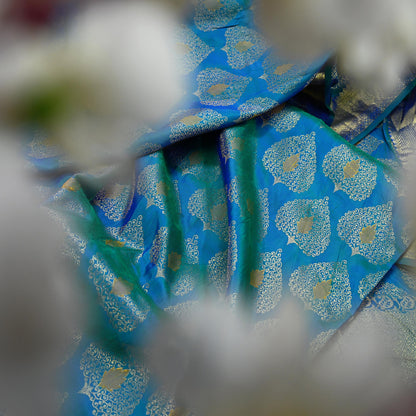 Indian Vintage Heavy Blue & Green Saree 100% Pure Silk Hand Woven Kanjeevaram Sari 5yd Ethnic Zari Premium Wedding Saree Fringes