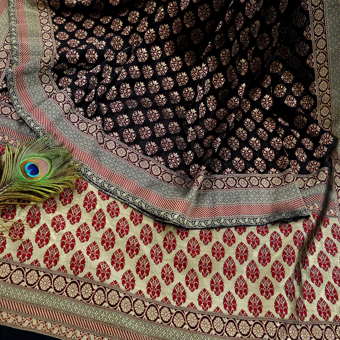 Vintage Heavy Black Sarees Pure Silk Hand Woven Sari Craft Fabric 5Yd Sewing Soft Ethnic Zari Dress Making Wedding Sari