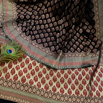 Vintage Heavy Black Sarees Pure Silk Hand Woven Sari Craft Fabric 5Yd Sewing Soft Ethnic Zari Dress Making Wedding Sari