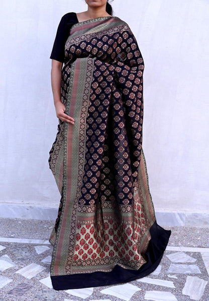 Vintage Heavy Black Sarees Pure Silk Hand Woven Sari Craft Fabric 5Yd Sewing Soft Ethnic Zari Dress Making Wedding Sari