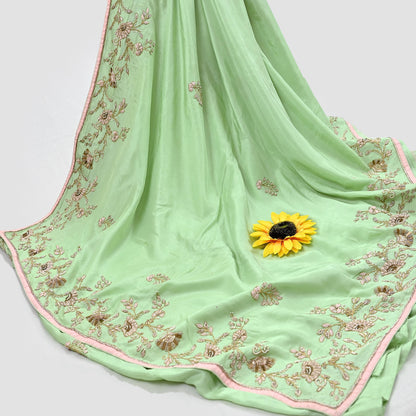 Indian Pre-owned Sari Green Pure Chanderi Silk Hand Embroidered Anamika Khanna Designer Sarees Ethnic 6Yd Sewing  Zardozi Wedding Sarees