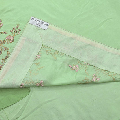 Indian Pre-owned Sari Green Pure Chanderi Silk Hand Embroidered Anamika Khanna Designer Sarees Ethnic 6Yd Sewing  Zardozi Wedding Sarees