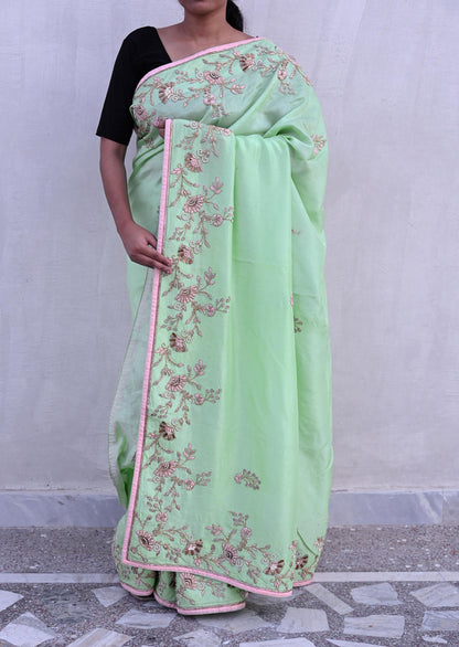 Indian Pre-owned Sari Green Pure Chanderi Silk Hand Embroidered Anamika Khanna Designer Sarees Ethnic 6Yd Sewing  Zardozi Wedding Sarees