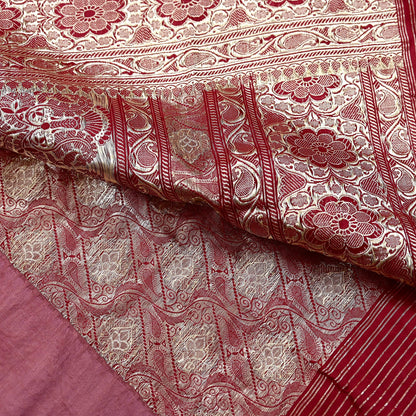 Indian Antique Vintage Heavy Sari Maroon Pure Silk Hand Woven Banarasi Sarees Zari 5Yd Pre-owned Designing