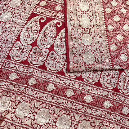 Indian Antique Vintage Heavy Sari Maroon Pure Silk Hand Woven Banarasi Sarees Zari 5Yd Pre-owned Designing